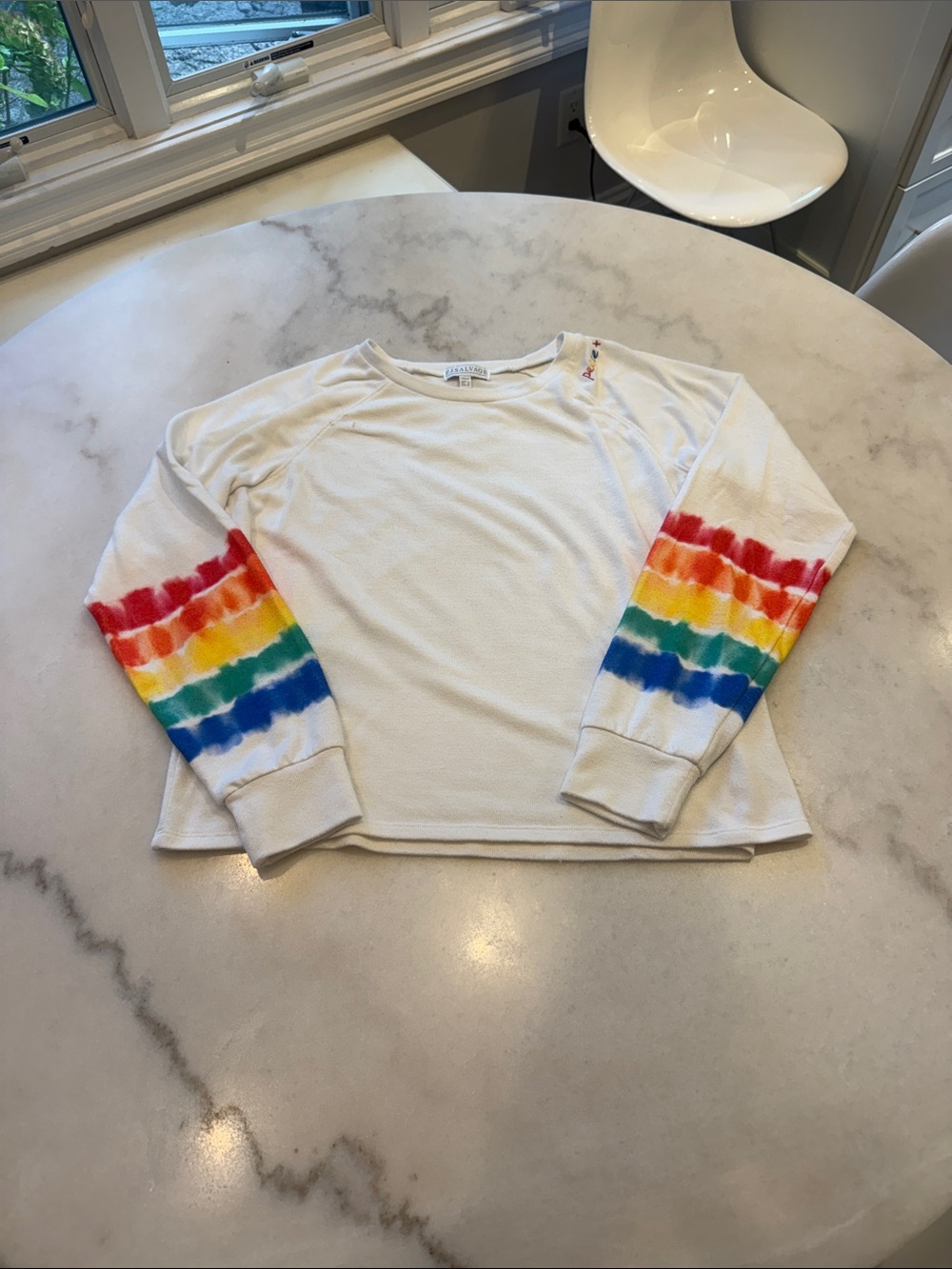 PJ Salvage White Top with Rainbow tiedye Sleeve and peace love script